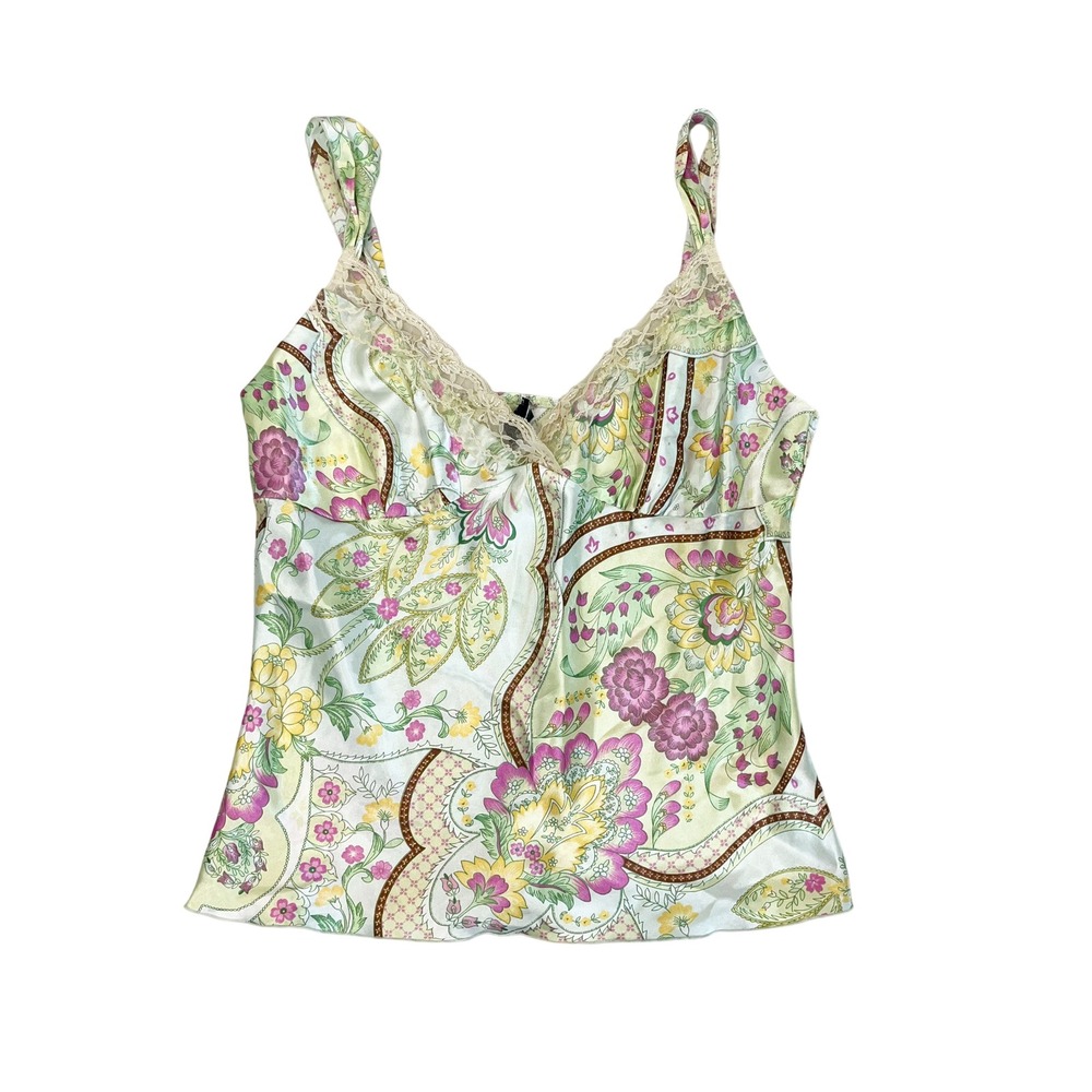 Vintage Eyeshadow Y2K Floral Paisley Lace Beaded Trim Satin Tank Top Fairy - XL